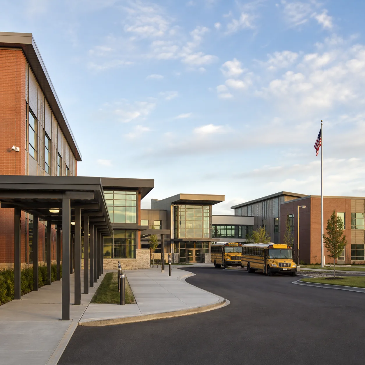 A multi-building academic campus connected by outdoor walkways
