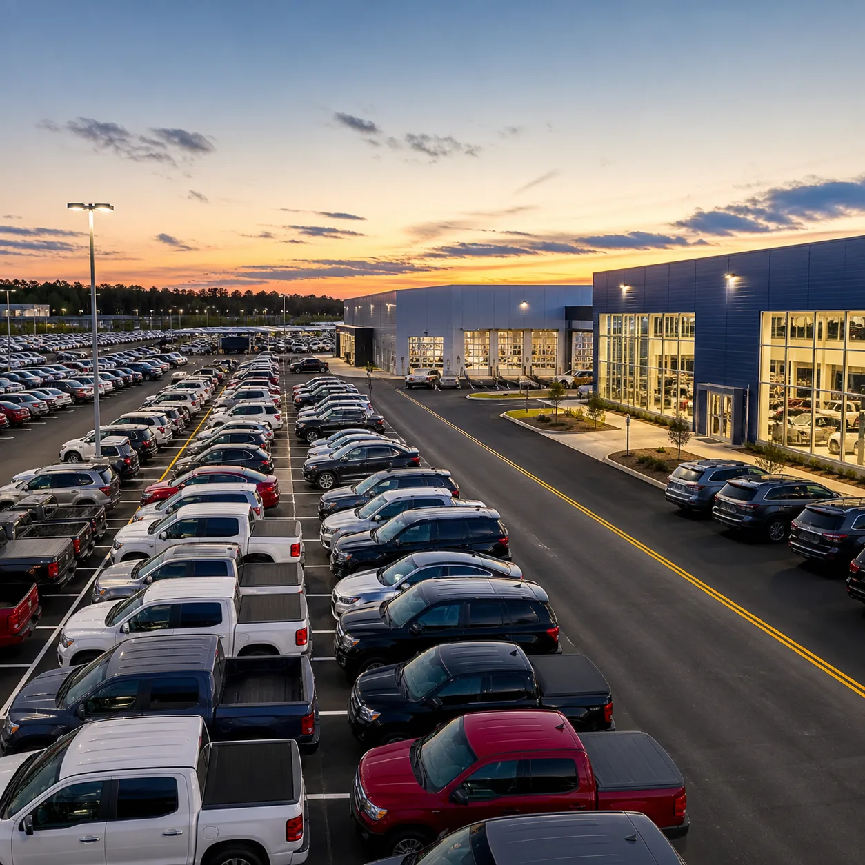 A large dealership and fleet lot with organized vehicle inventory