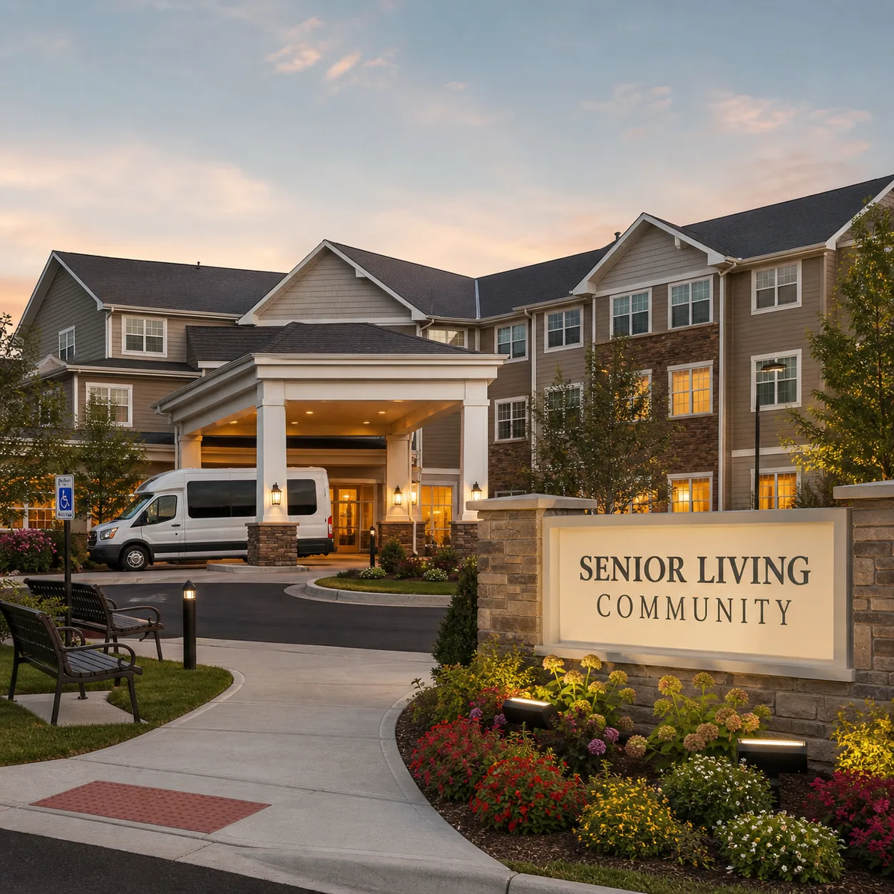 Front entrance of a contemporary senior living community