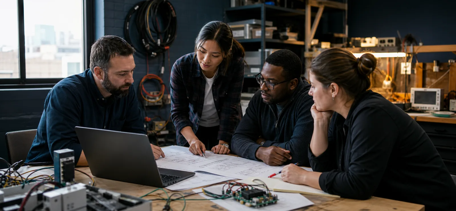 Illustration of technical collaboration around equipment and drawings