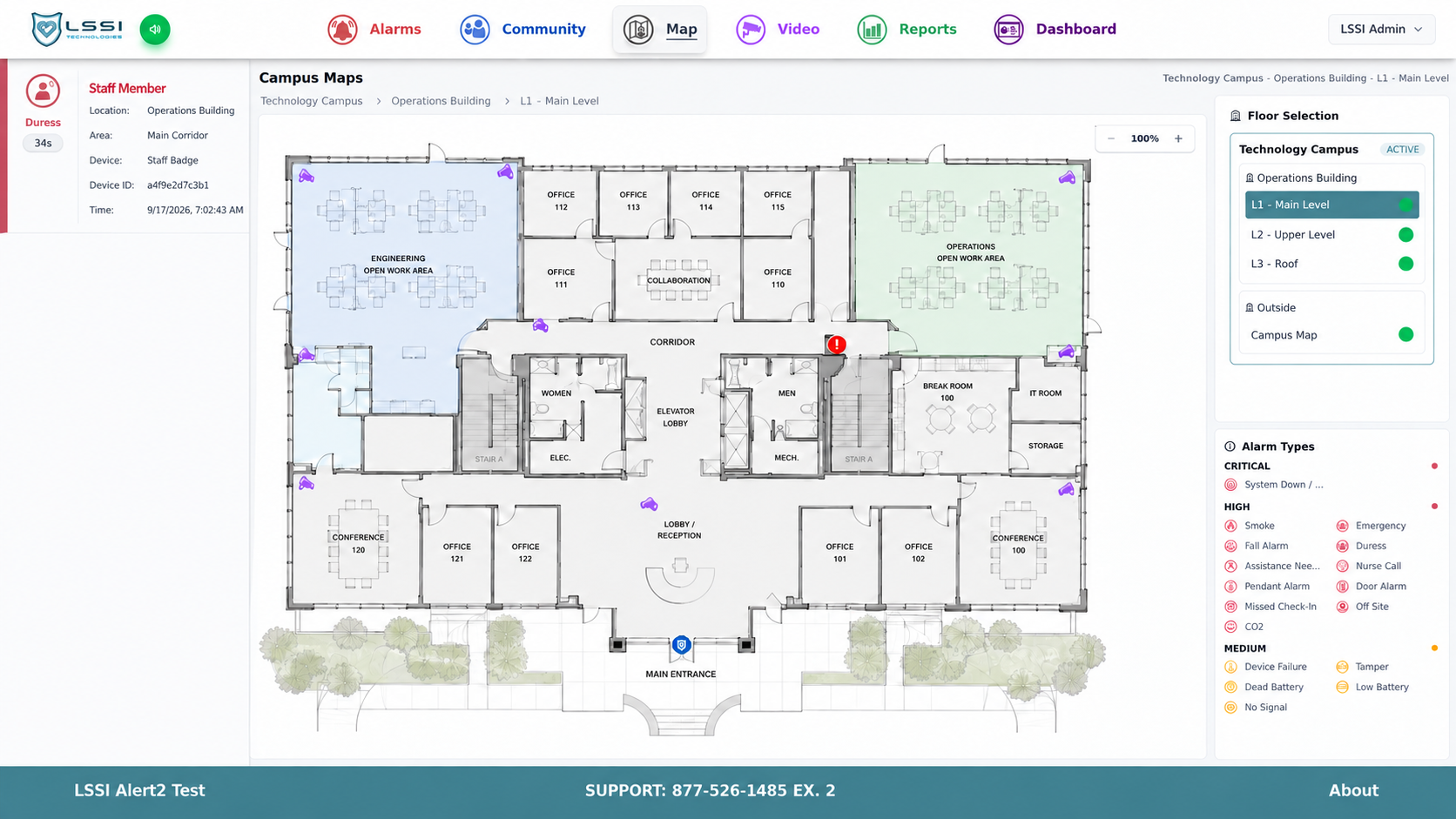 Alert² campus map with alarm and location information